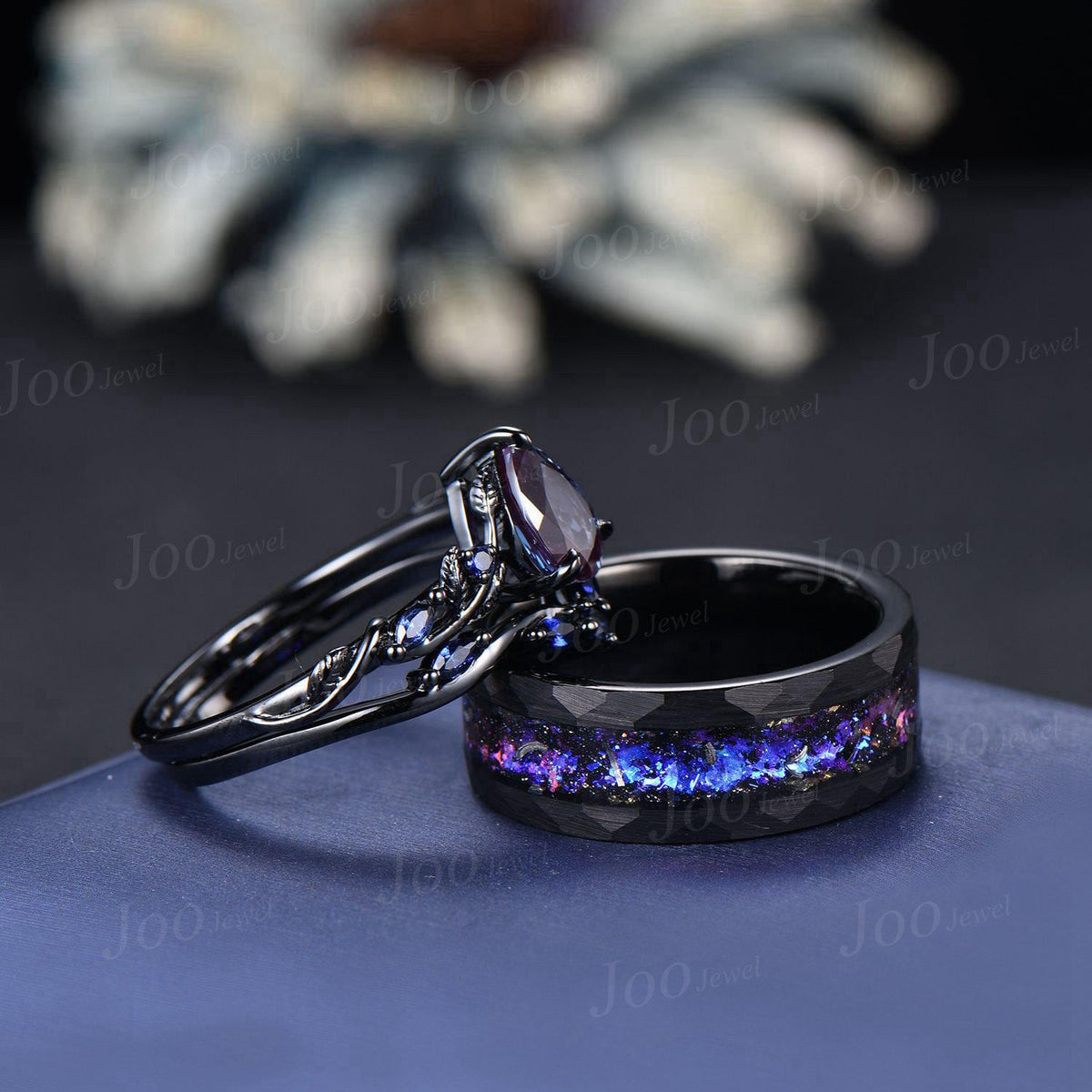 2pcs Color-Change Alexandrite Sapphire Couple Ring Nature Inspired Gothic His and Her Black Promise Ring No-Fading Tungsten Matching Band