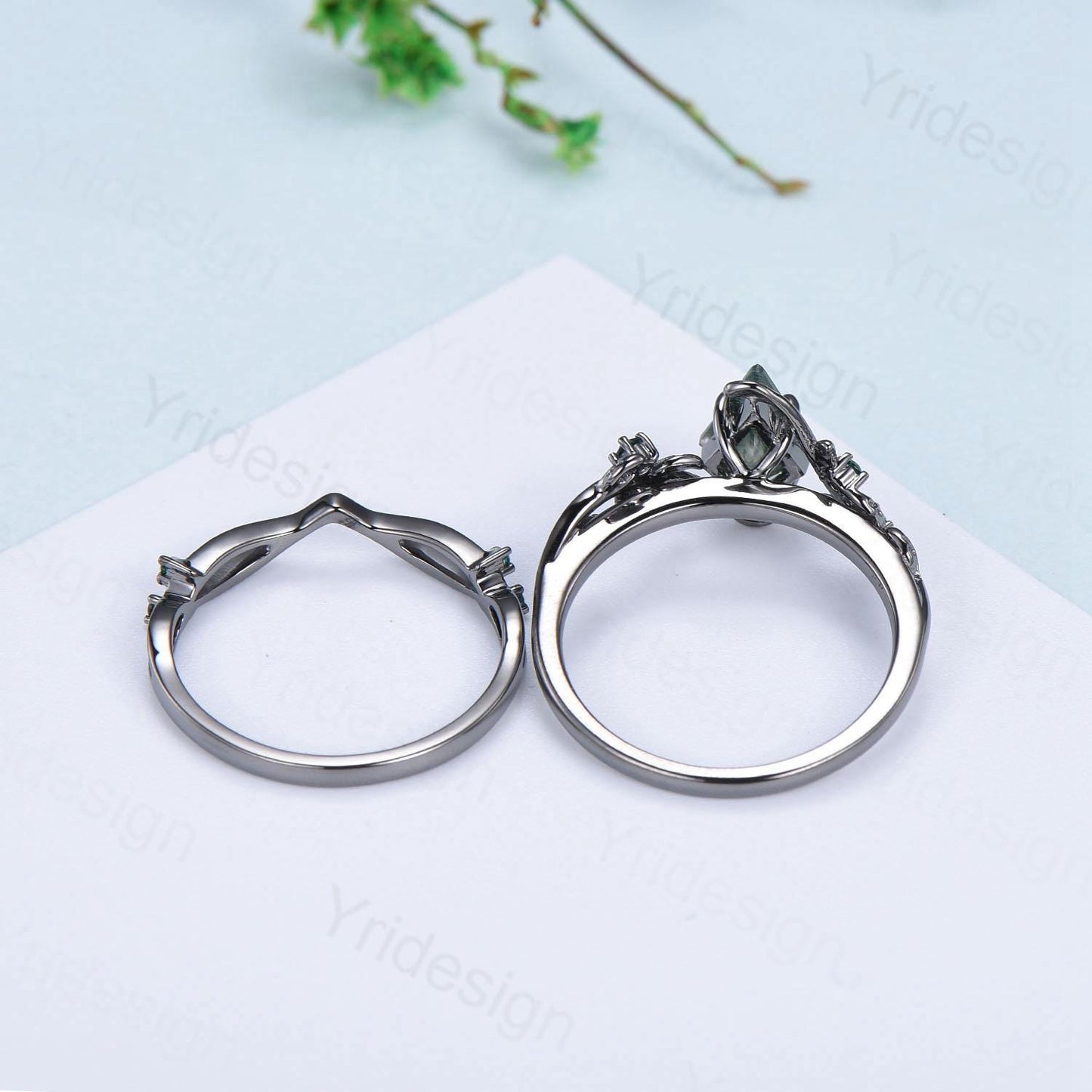 Elegant Kite cut salt pepper diamond engagement ring vintage pepper diamond bridal set unique leaf vine ring nature inspired wedding set