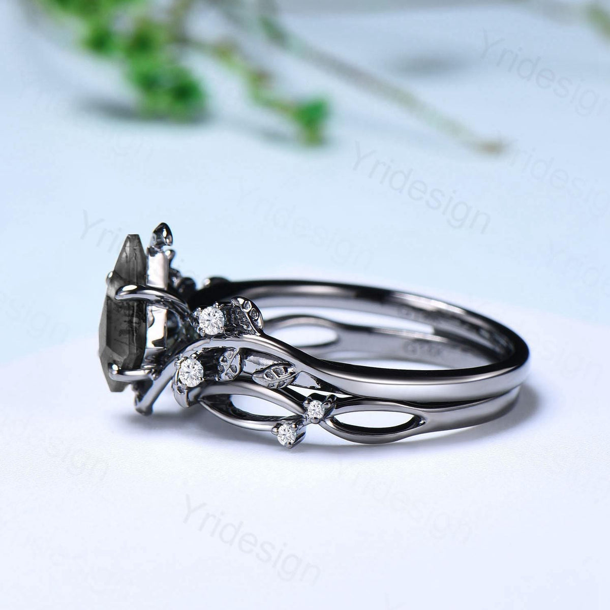 Elegant Kite cut salt pepper diamond engagement ring vintage pepper diamond bridal set unique leaf vine ring nature inspired wedding set