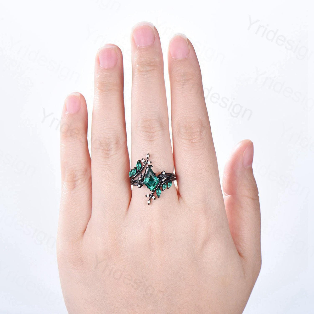 Unique gothic kite cut emerald engagement ring set black gold cluster engagement ring nature inspired marquise may birthstone wedding set