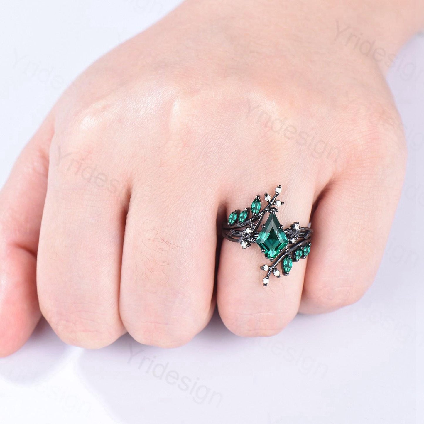 18K yellow gold kite cut emerald engagement ring set cluster emerald diamond engagement ring nature inspired may birthstone wedding ring set
