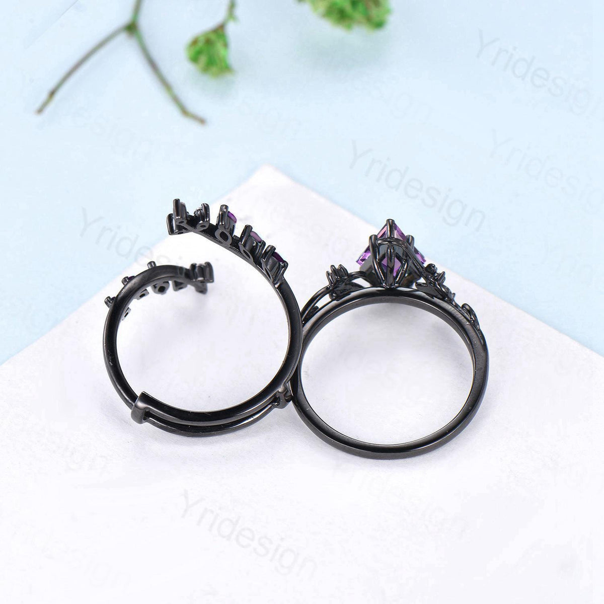 Nature Inspired Kite cut amethyst engagement ring set black gold unique leaf branch marquise cut purple gemstone ring bridal wedding set