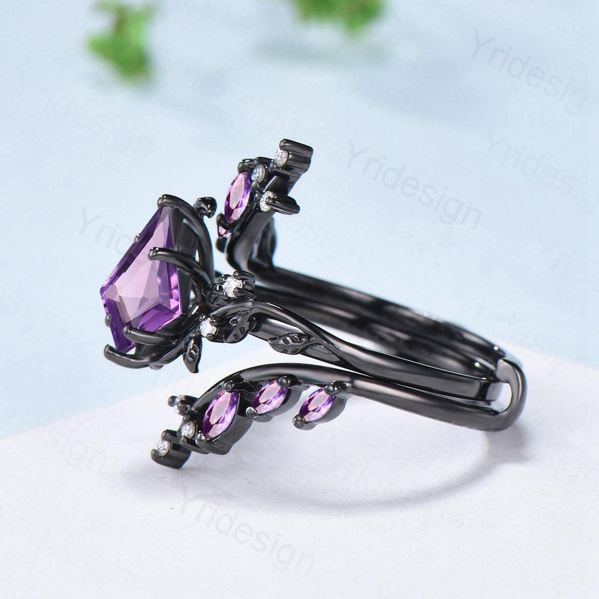 Nature Inspired Kite cut amethyst engagement ring set black gold unique leaf branch marquise cut purple gemstone ring bridal wedding set