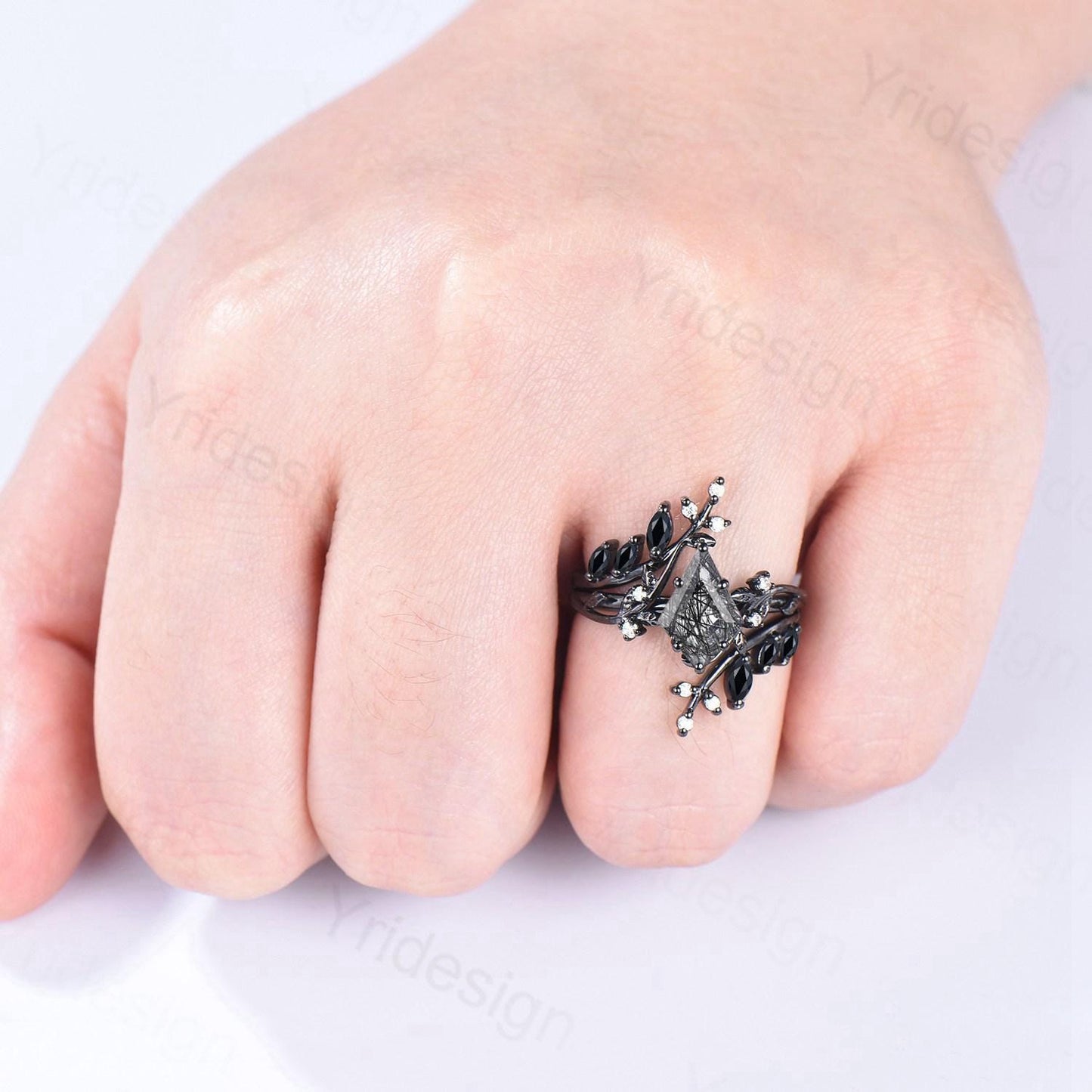 Unique gothic kite cut black rutilated quartz engagement ring set black gold cluster engagement ring leaf branch nature inspired wedding set