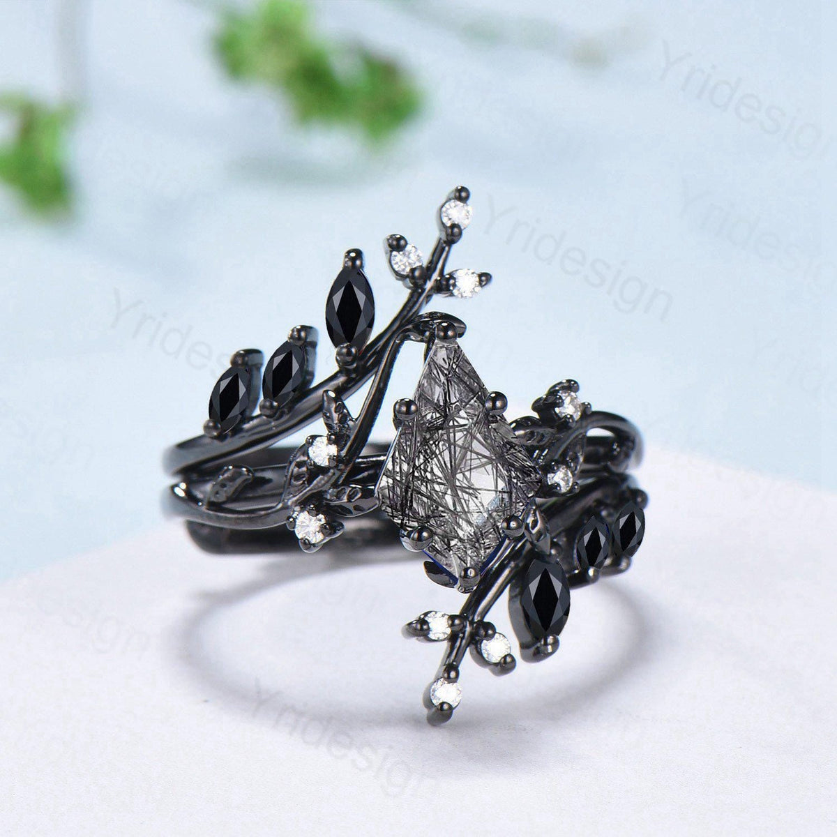 Unique gothic kite cut black rutilated quartz engagement ring set black gold cluster engagement ring leaf branch nature inspired wedding set