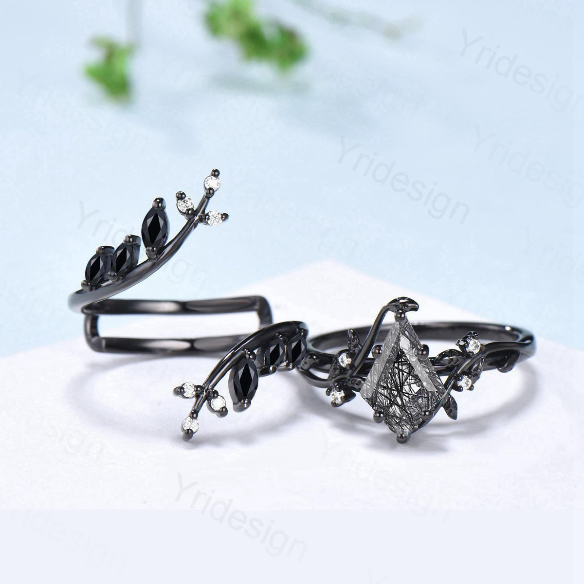 Unique gothic kite cut black rutilated quartz engagement ring set black gold cluster engagement ring leaf branch nature inspired wedding set