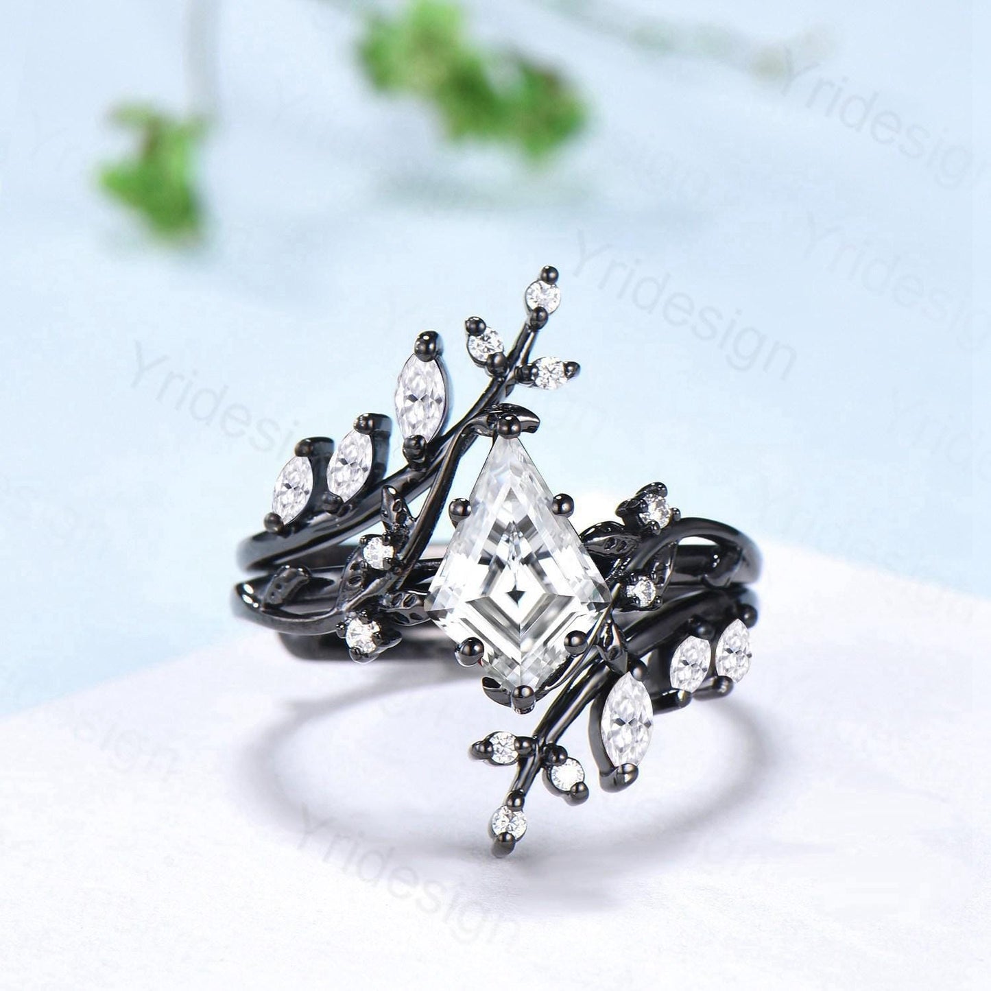 Unique gothic kite cut moissanite engagement ring set black gold cluster diamond engagement ring leaf vine nature inspired wedding set women