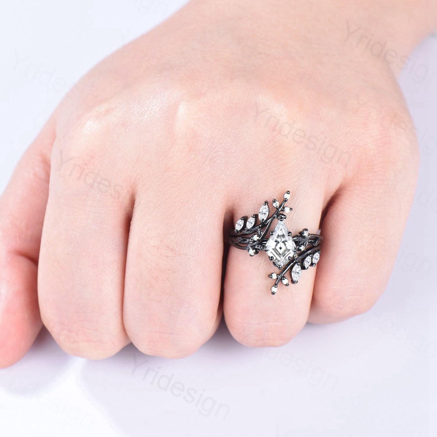 Gothic Kite Cut Lab Grown Diamond Engagement Ring Set Black Gold Nature Inspired Twig Enhancer Ring