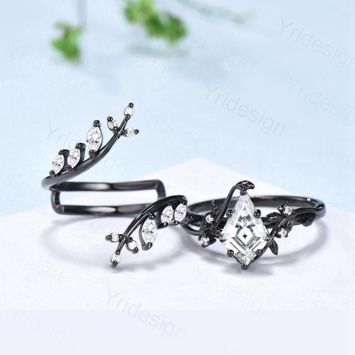 Unique gothic kite cut moissanite engagement ring set black gold cluster diamond engagement ring leaf vine nature inspired wedding set women