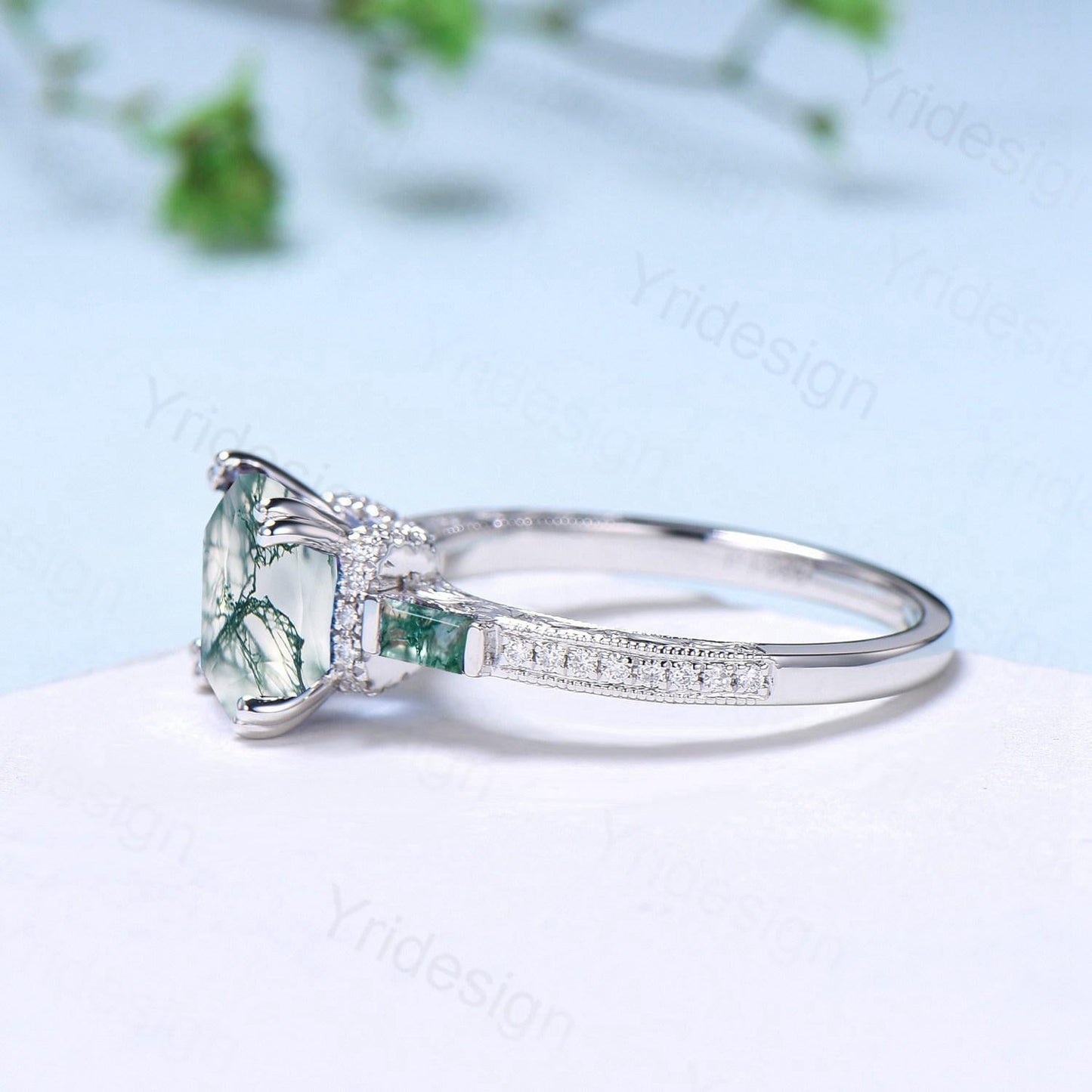 Hidden halo asscher cut moss agate engagement ring Princess green moss agate basket setting wedding ring pave set diamonds anniversary ring