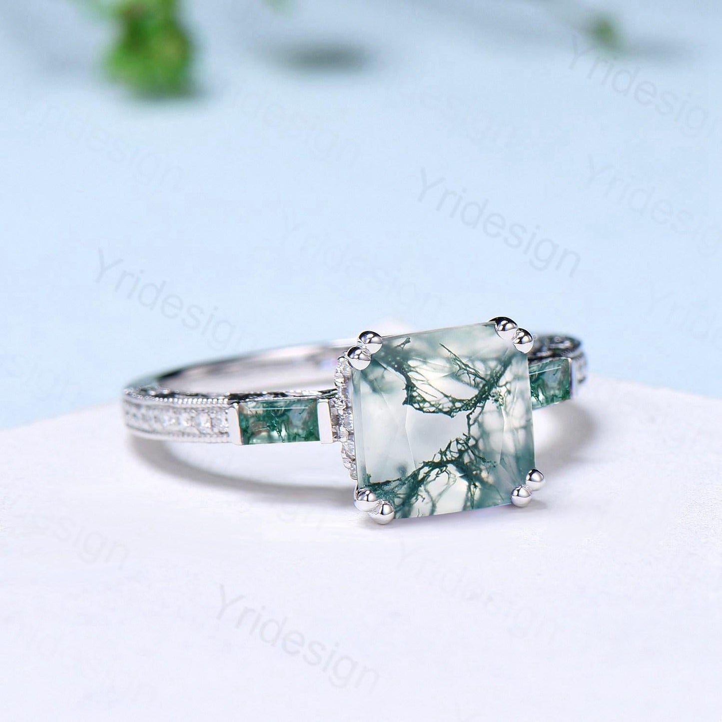 Hidden halo asscher cut moss agate engagement ring Princess green moss agate basket setting wedding ring pave set diamonds anniversary ring