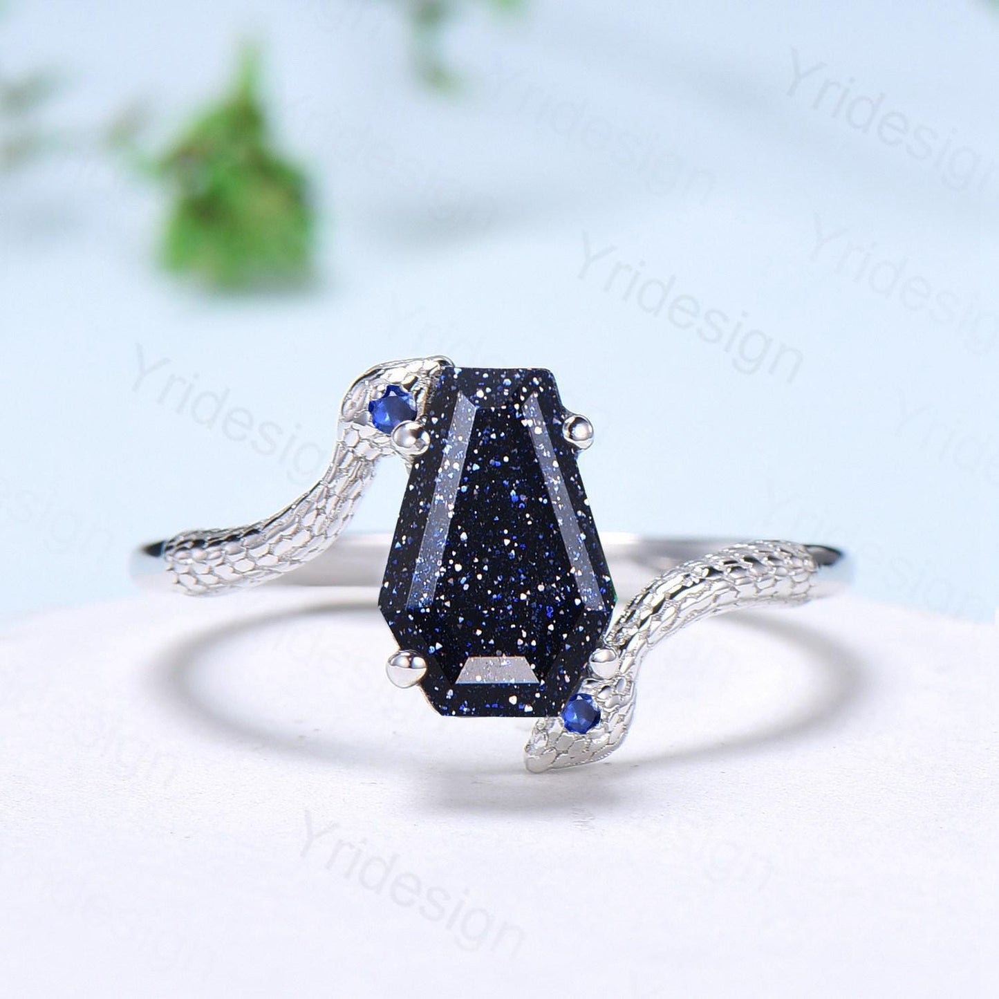 Unique Snake blue sandstone engagement ring cold-blooded coffin shaped galaxy star three stone wedding ring women anniversary promise gift