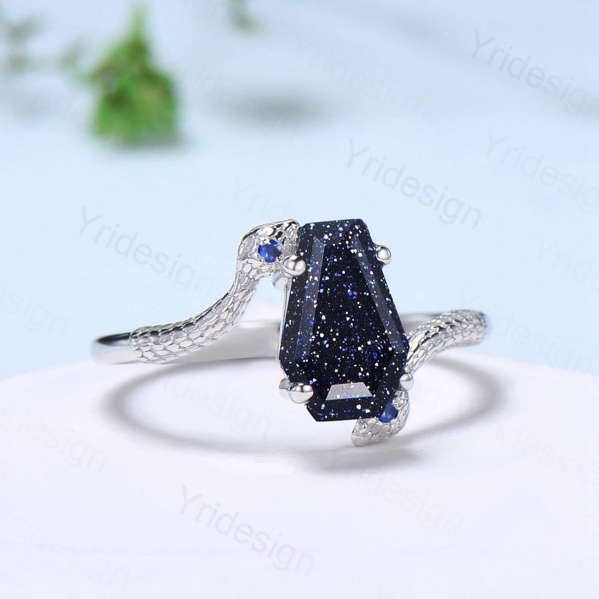 Unique Snake blue sandstone engagement ring cold-blooded coffin shaped galaxy star three stone wedding ring women anniversary promise gift