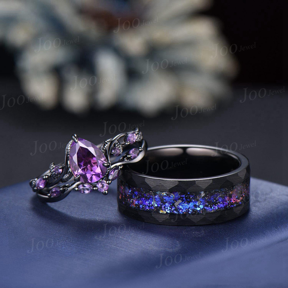 1.25ct Teardrop Cut Natural Purple Amethyst Twig Vine Couples Ring Set Wear-resistant Men Tungsten Galaxy Nebula Matching Ring Set for Lover