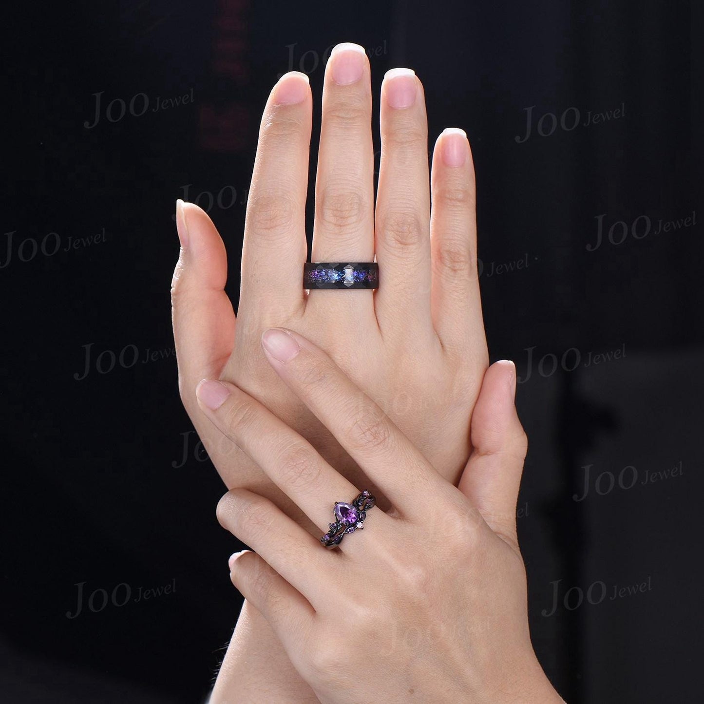 1.25ct Teardrop Cut Natural Purple Amethyst Twig Vine Couples Ring Set Wear-resistant Men Tungsten Galaxy Nebula Matching Ring Set for Lover