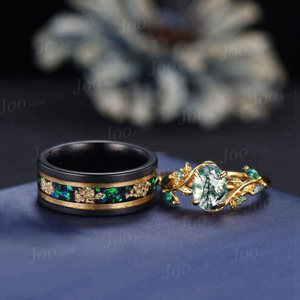 Natural Green Moss Agate Emerald Leaf Couples Ring Set- His and Hers Wedding Band-Yellow Gold Vermeil/Tungsten Matching Unique Promise Rings