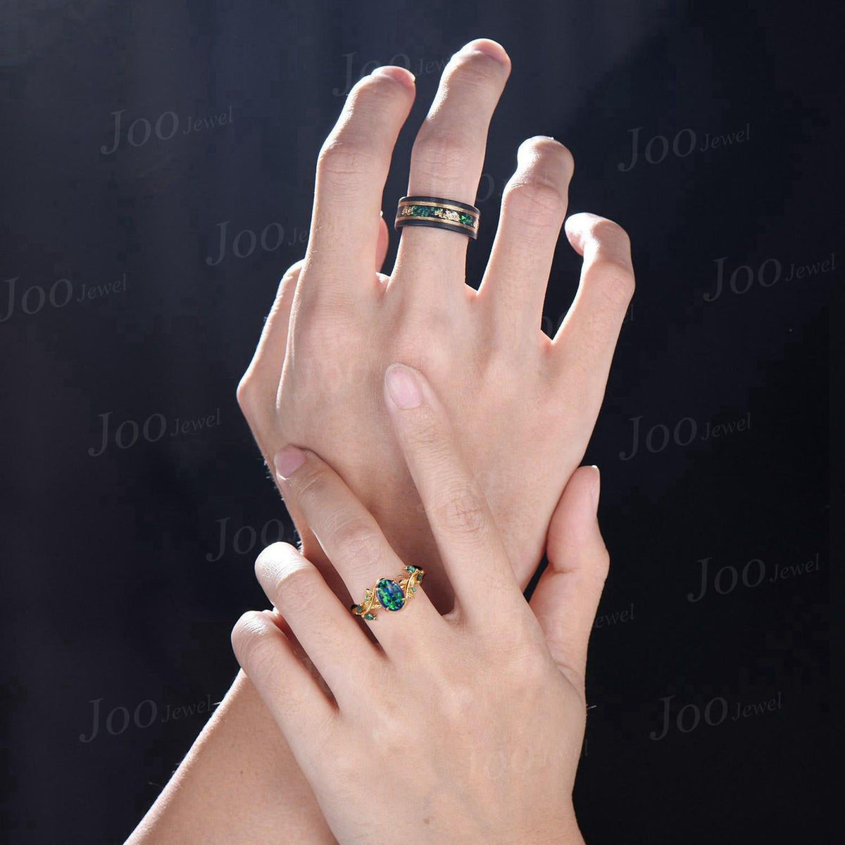 1.5ct Oval Cut Black Opal Emerald Leaf Couples Ring Set- His and Hers Meteorite Wedding Band- Yellow Gold Bridal Ring/Tungsten Matching Ring
