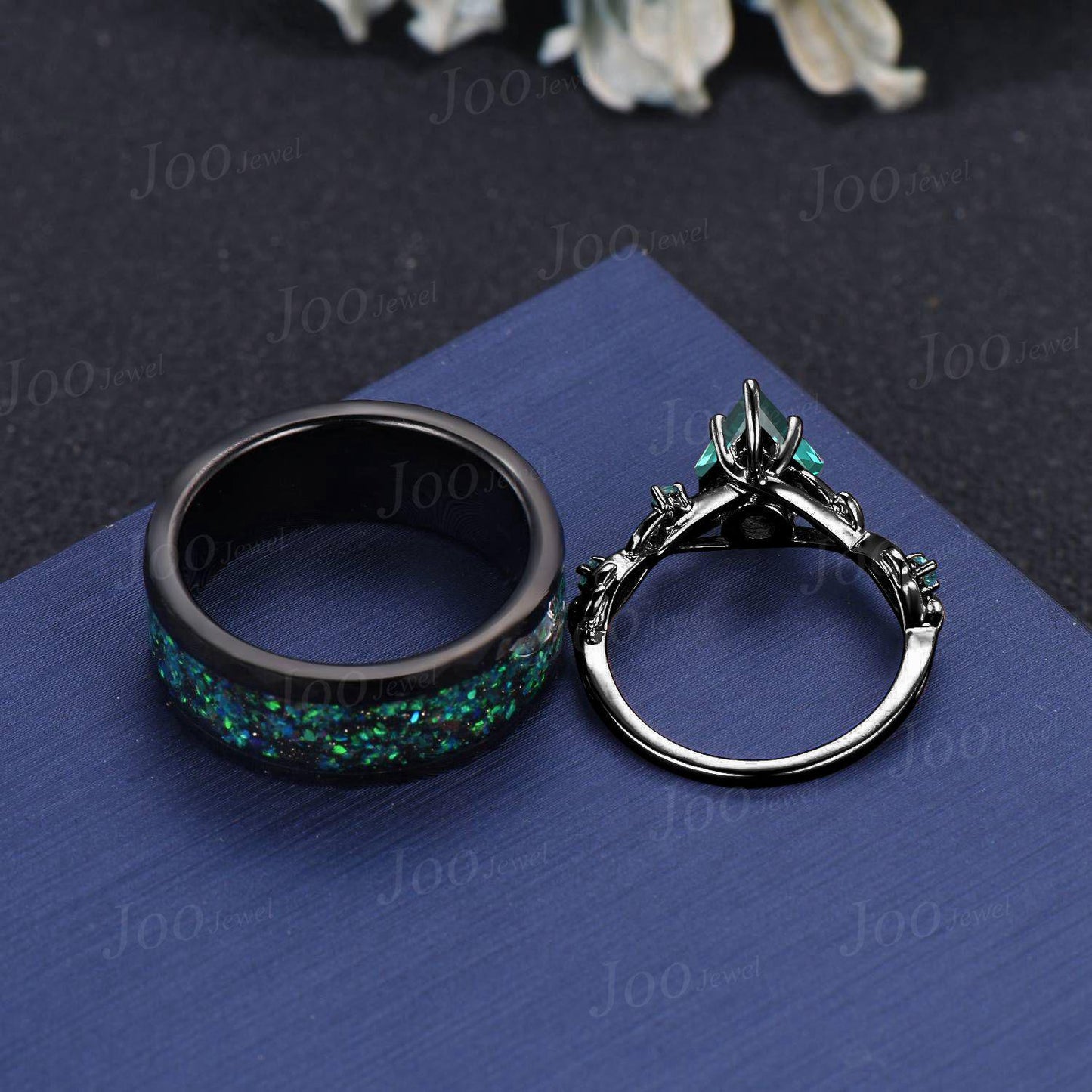 Green Emerald Couple Ring Set Kite Cut Emerald Leaf Vine Ring Yellow Gold Matching Ring Set His and Hers Goth Wedding Band Anniversary Gifts