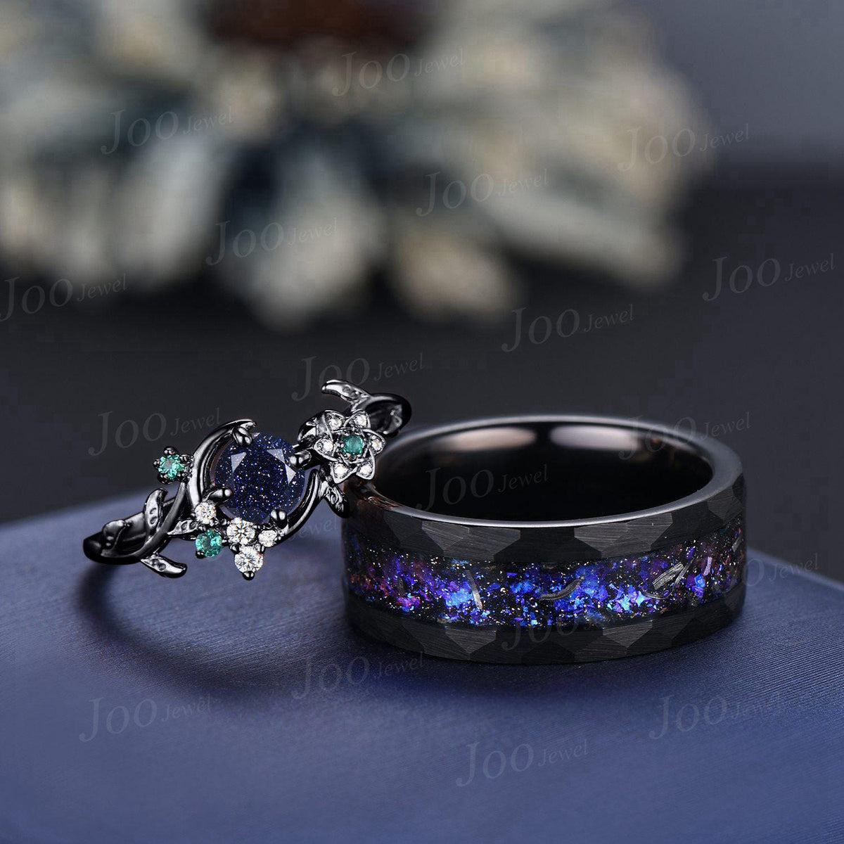 Galaxy Nebula Couple Ring Set Crescent Moon Leaf Vine Pear Cut Blue Goldstone Ring His and Hers Wedding Band Tungsten Matching Ring for Men