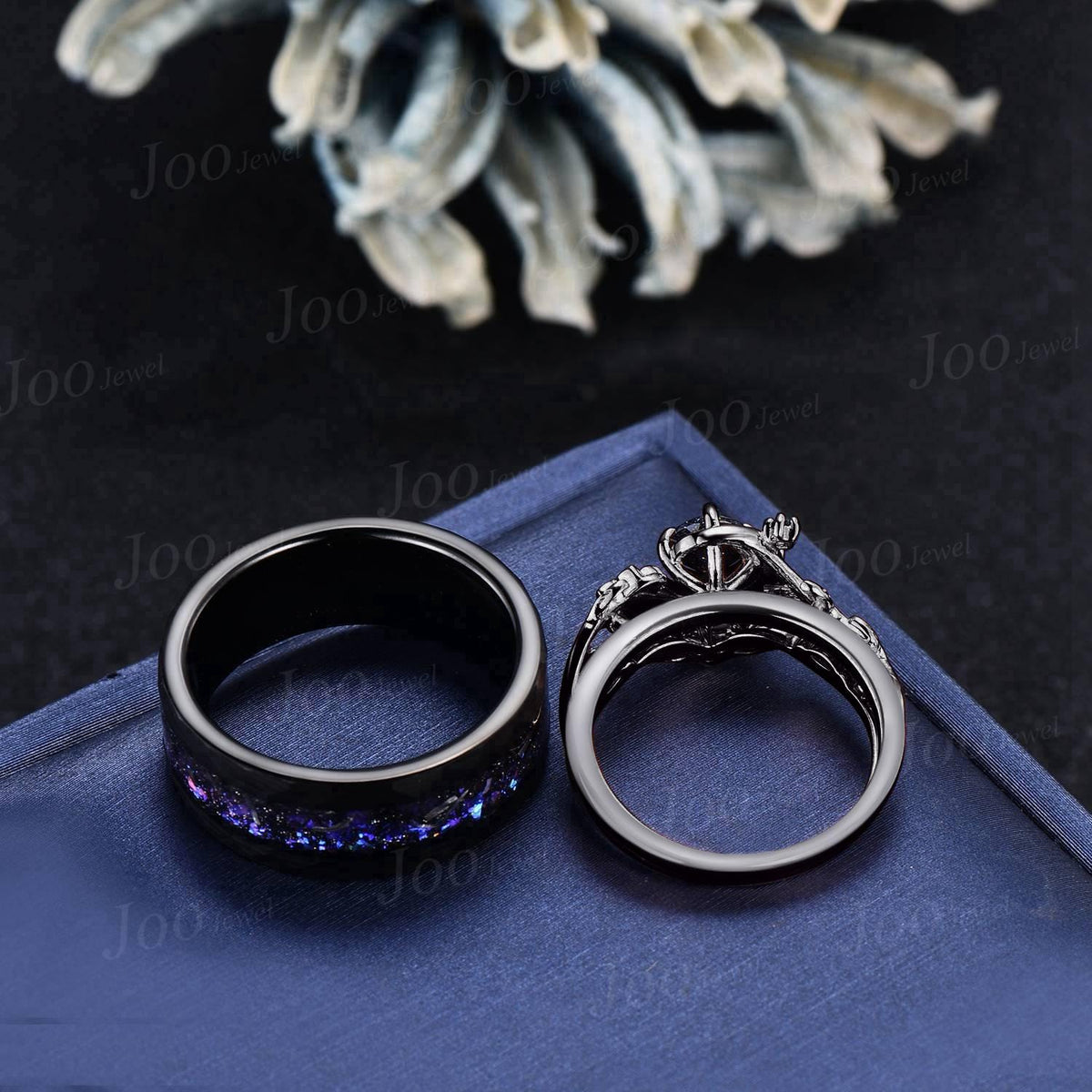 Galaxy Nebula Couple Ring Set Crescent Moon Leaf Vine Pear Cut Blue Goldstone Ring His and Hers Wedding Band Tungsten Matching Ring for Men