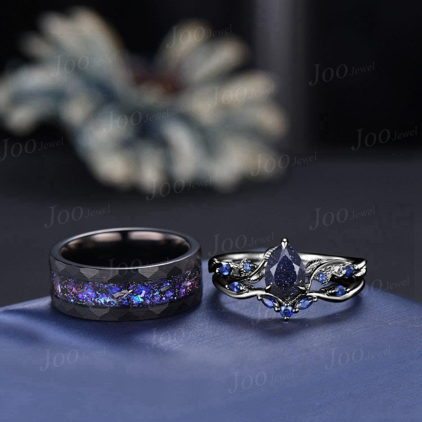 2pcs Galaxy Nebula Couple Ring Set Nature Inspired Pear Blue Sandstone Ring His and Hers Foil Wedding Ring Mens Black Tungsten Matching Ring