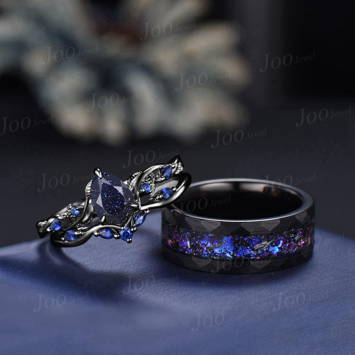 2pcs Galaxy Nebula Couple Ring Set Nature Inspired Pear Blue Sandstone Ring His and Hers Foil Wedding Ring Mens Black Tungsten Matching Ring