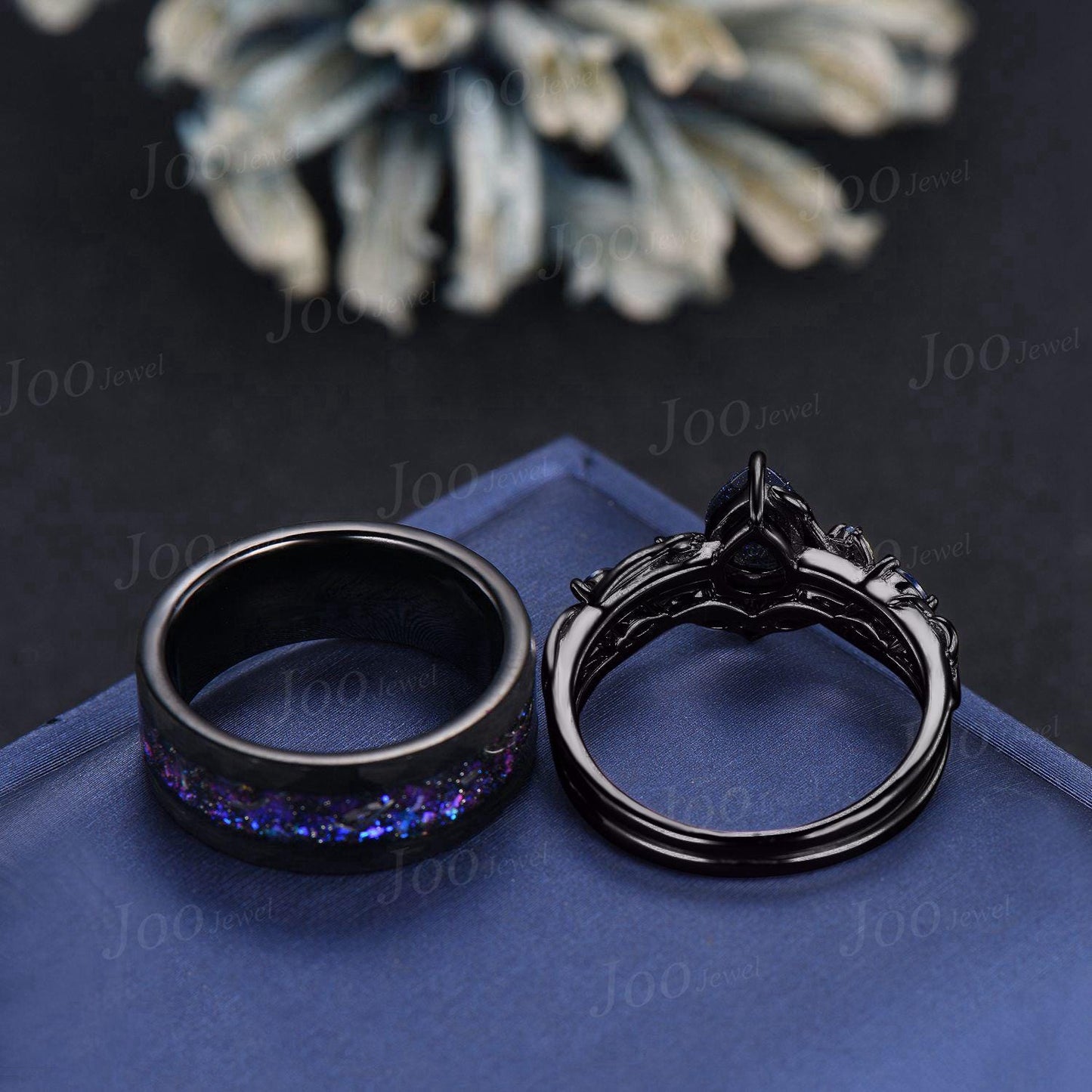 2pcs Galaxy Nebula Couple Ring Set Nature Inspired Pear Blue Sandstone Ring His and Hers Foil Wedding Ring Mens Black Tungsten Matching Ring