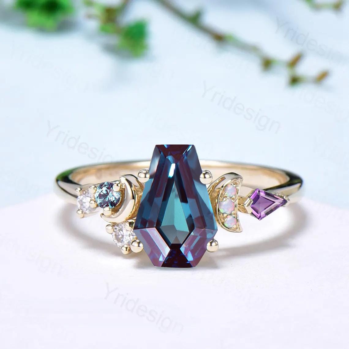 Unique coffin cut alexandrite engagement ring cluster opal amethyst moon wedding ring June birthstone gothic promise ring anniversary gift
