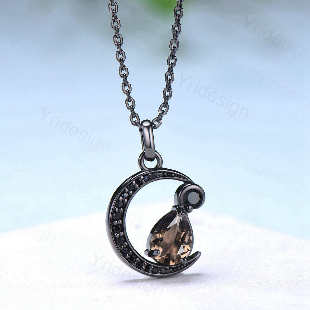 Unique Crescent Moon Black Gold Brown Smoky Quartz Necklace Gothic Pendant Necklace Magic Pear Shaped Black Spinel Necklace Anniversary Gift