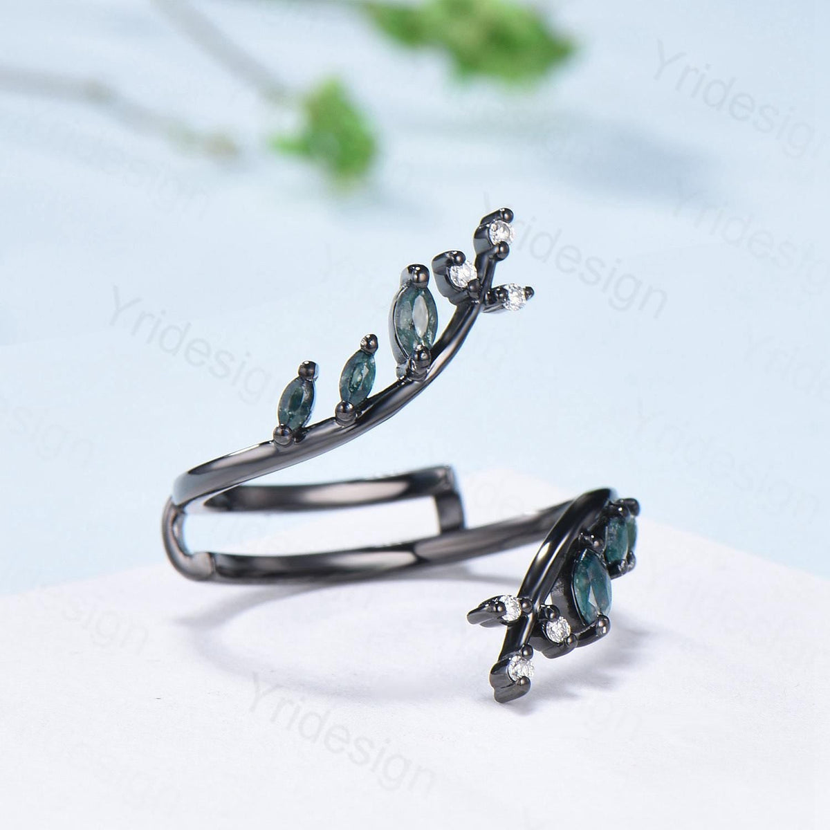 Gothic Black Gold Moss Agate Wedding Bands Women Nature Inspired Marquise Cut Green Agate Unique Double Enhance Matching Stacking Band Women