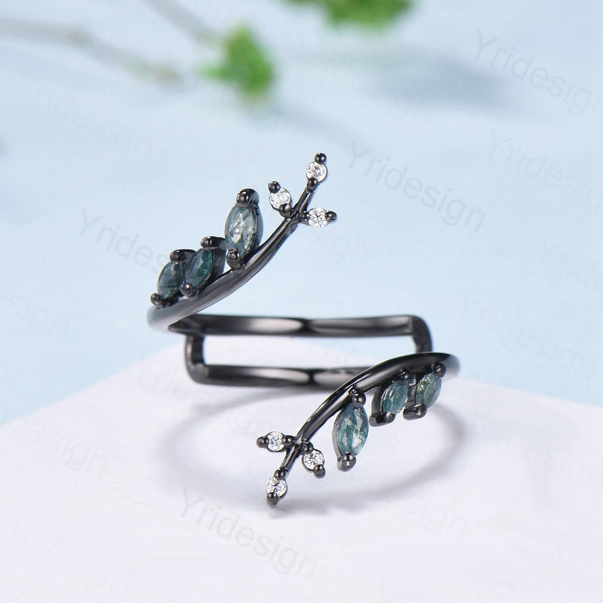 Gothic Black Gold Moss Agate Wedding Bands Women Nature Inspired Marquise Cut Green Agate Unique Double Enhance Matching Stacking Band Women