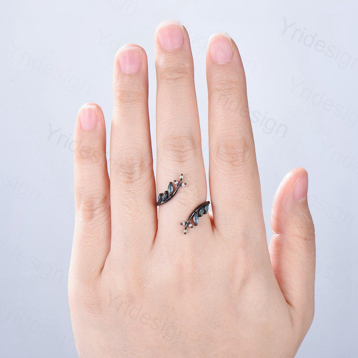 Gothic Black Gold Moss Agate Wedding Bands Women Nature Inspired Marquise Cut Green Agate Unique Double Enhance Matching Stacking Band Women