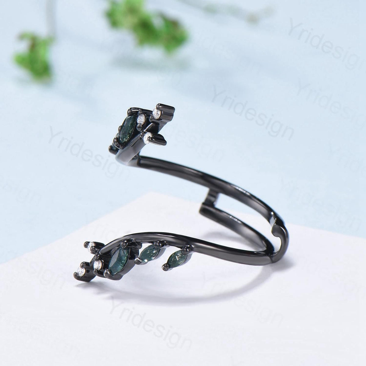 Gothic Black Gold Moss Agate Wedding Bands Women Nature Inspired Marquise Cut Green Agate Unique Double Enhance Matching Stacking Band Women