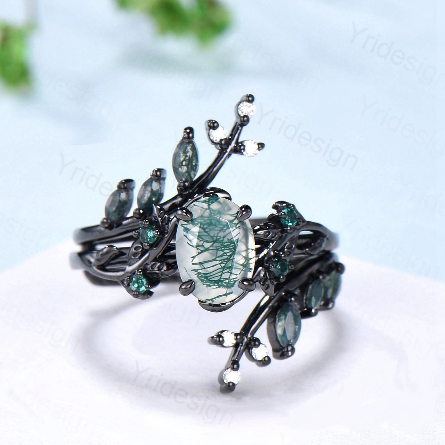 Nature Inspired oval green moss agate ring set black gold unique leaf vine marquise cut gothic agate engagement ring bridal wedding ring set