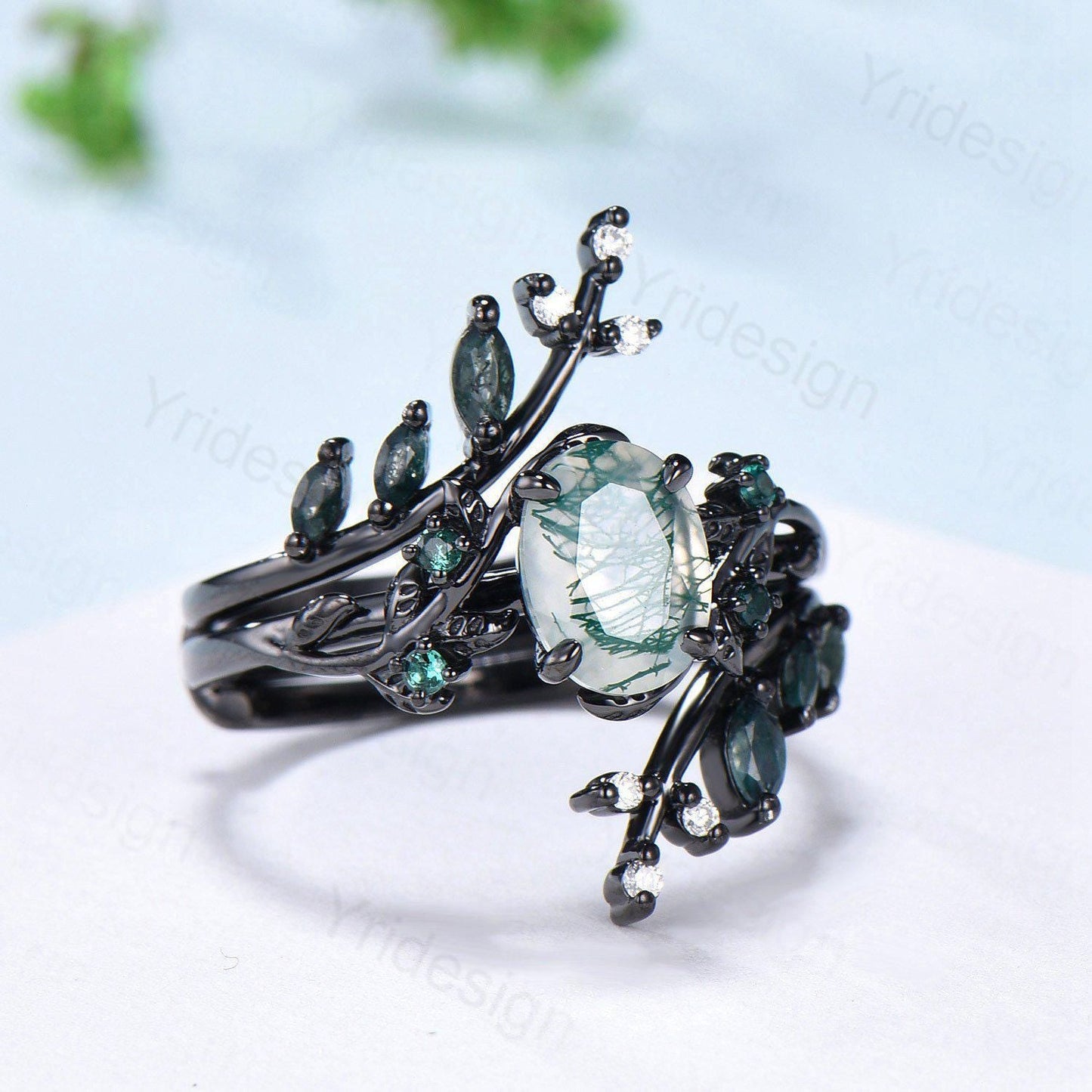 Nature Inspired oval green moss agate ring set black gold unique leaf vine marquise cut gothic agate engagement ring bridal wedding ring set