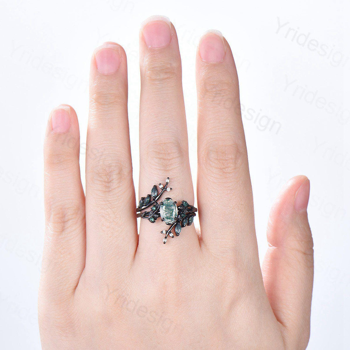 Nature Inspired oval green moss agate ring set black gold unique leaf vine marquise cut gothic agate engagement ring bridal wedding ring set