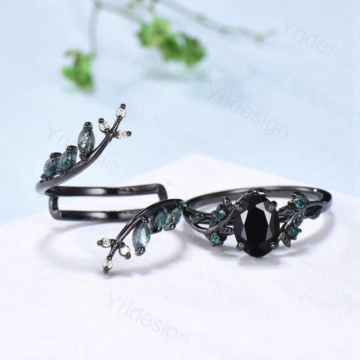 Unique gothic black gold onyx engagement ring set leaf nature inspired emerald wedding ring set twig vine marquise moss agate bridal set