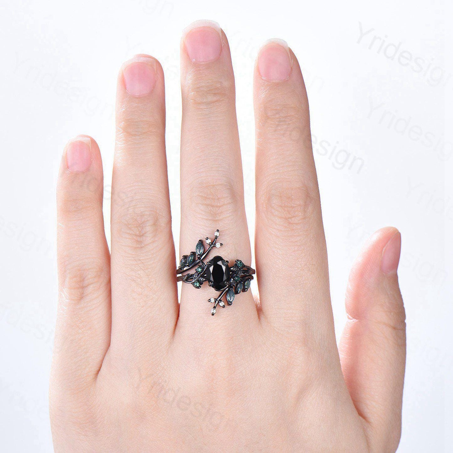 Unique gothic black gold onyx engagement ring set leaf nature inspired emerald wedding ring set twig vine marquise moss agate bridal set