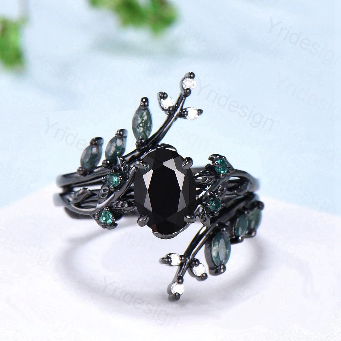Unique gothic black gold onyx engagement ring set leaf nature inspired emerald wedding ring set twig vine marquise moss agate bridal set