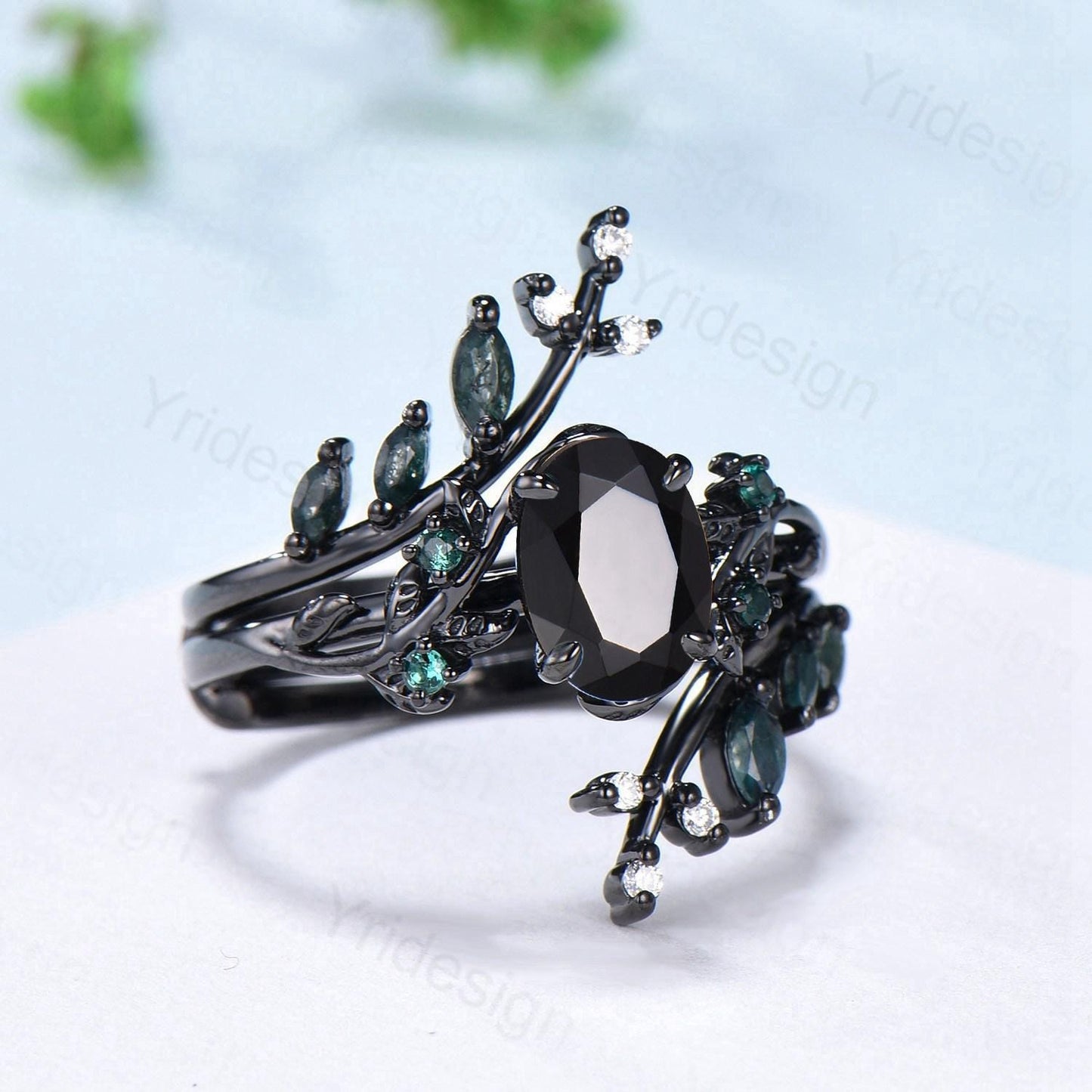Unique gothic black gold onyx engagement ring set leaf nature inspired emerald wedding ring set twig vine marquise moss agate bridal set