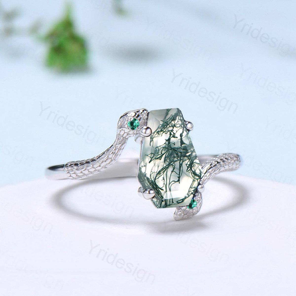 Unique Snake green moss agate engagement ring cold-blooded coffin shaped green stone three stone wedding ring women anniversary promise gift