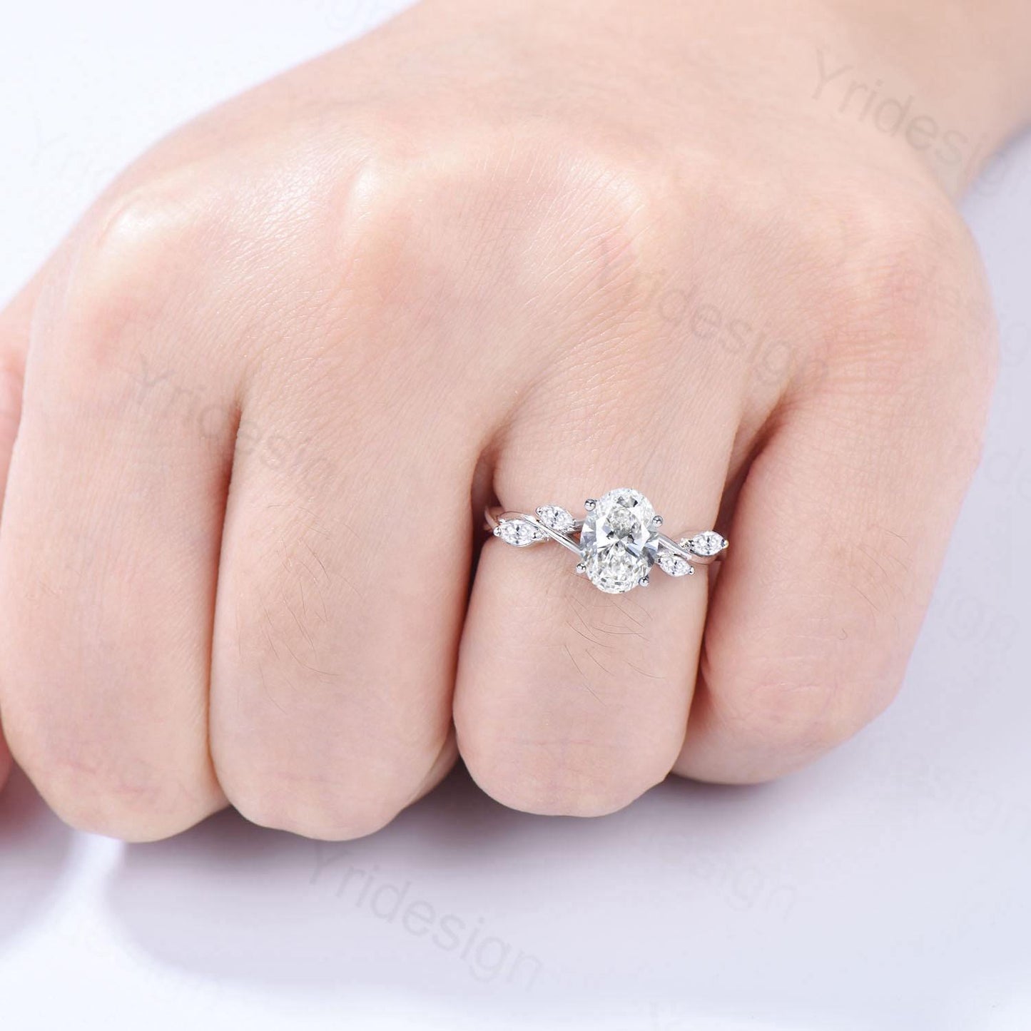 Vintage 1.5 Carat Oval Diamond Engagement Ring Certificate Lab Grown Diamond Engagement Ring Unique Five Stone Marquise Diamond Wedding Gift