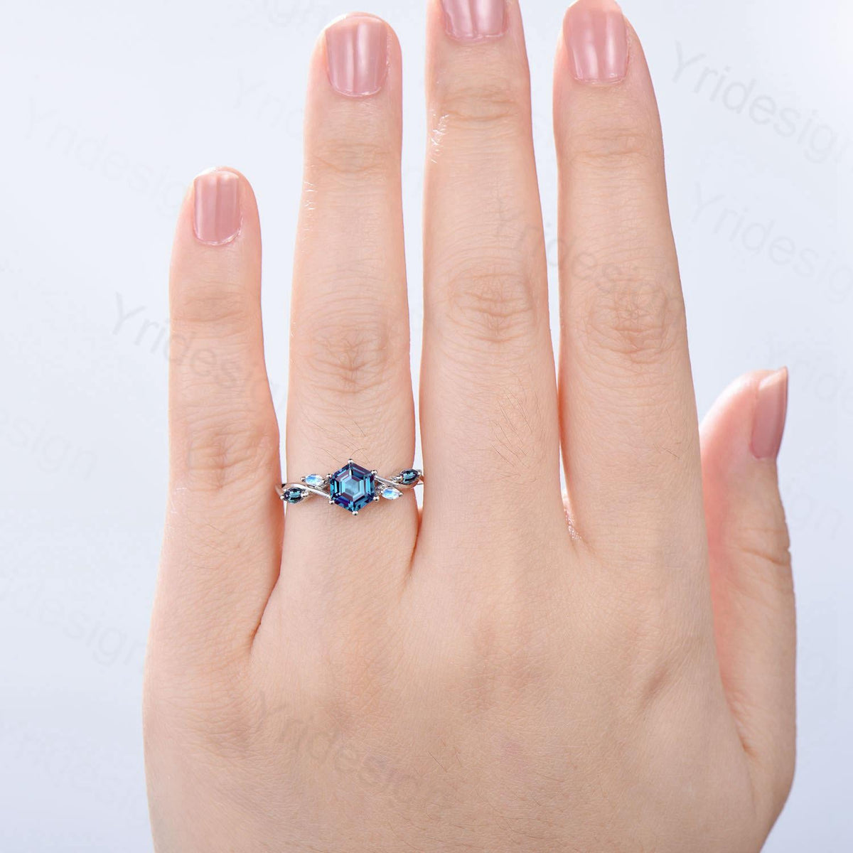 Five stone blue sapphire engagement ring emerald cut twig vine September birthstone engagement ring marquise sapphire anniversary gift women