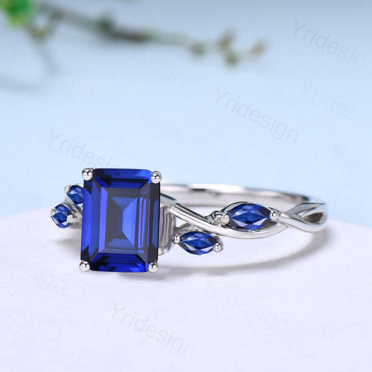 Five stone blue sapphire engagement ring emerald cut twig vine September birthstone engagement ring marquise sapphire anniversary gift women