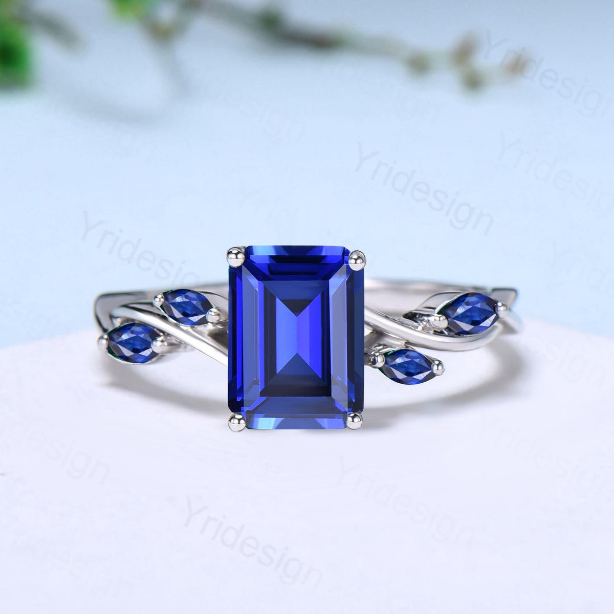 Five stone blue sapphire engagement ring emerald cut twig vine September birthstone engagement ring marquise sapphire anniversary gift women