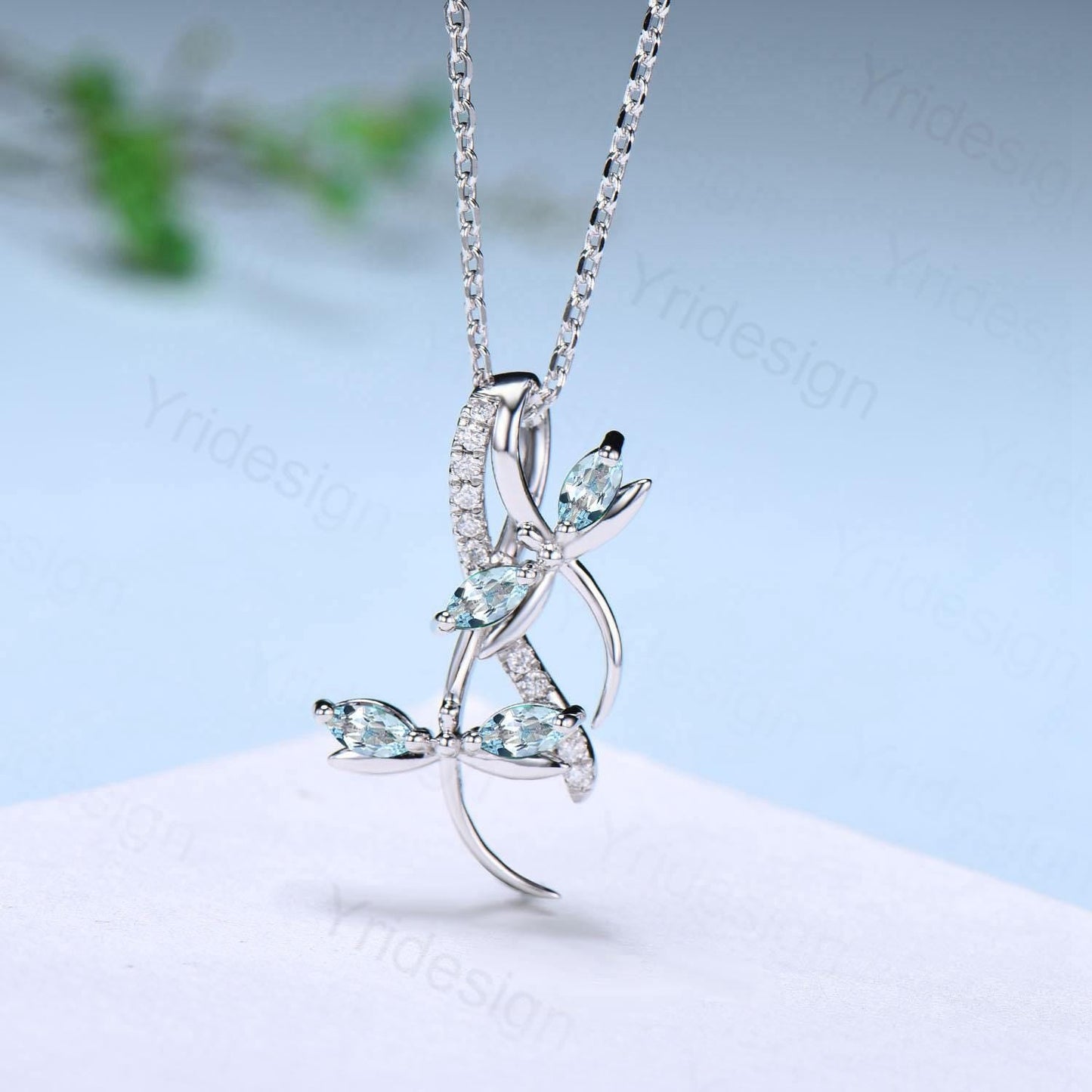 Nature Inspired Aquamarine Necklace Unique Marquise March Birthstone Dragonfly Accompany Necklace Pendant Necklace Unique Anniversary Gift