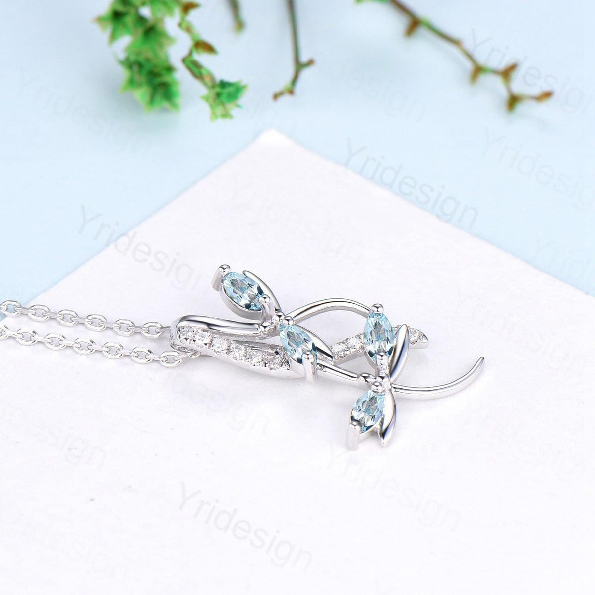 Nature Inspired Aquamarine Necklace Unique Marquise March Birthstone Dragonfly Accompany Necklace Pendant Necklace Unique Anniversary Gift