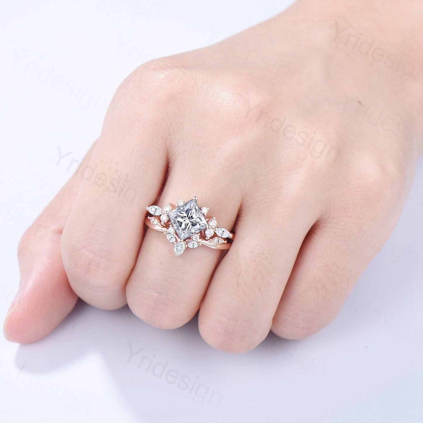 Vintage 2CT Princess Cut Moissanite Engagement Ring Cluster Moissanite Diamond Wedding Ring Set 2pcs Bridal Ring 14K Rose Gold Bridal Set