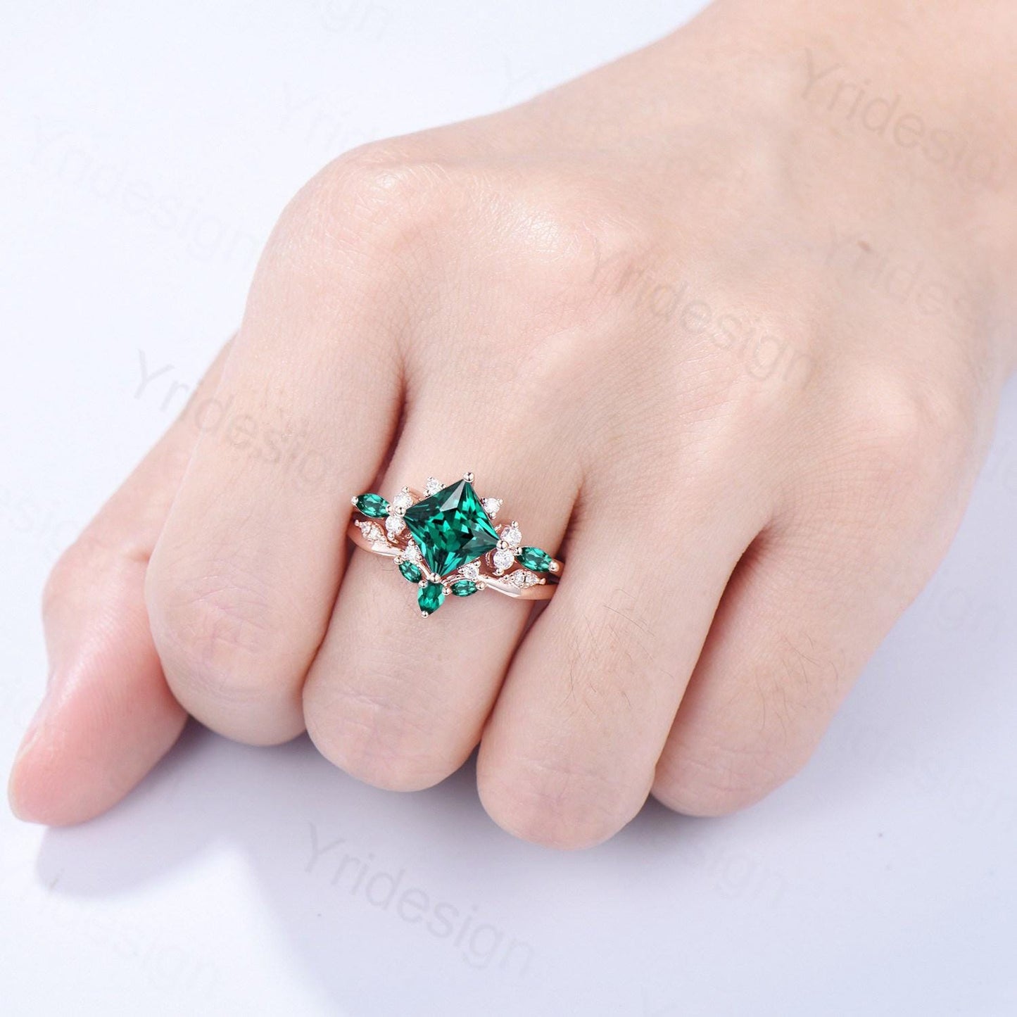 Vintage 2CT Princess Cut Emerald Engagement Ring Cluster Marquise Green Gemstone Wedding Ring Set 2pcs Bridal Anniversary Ring 14K Rose Gold