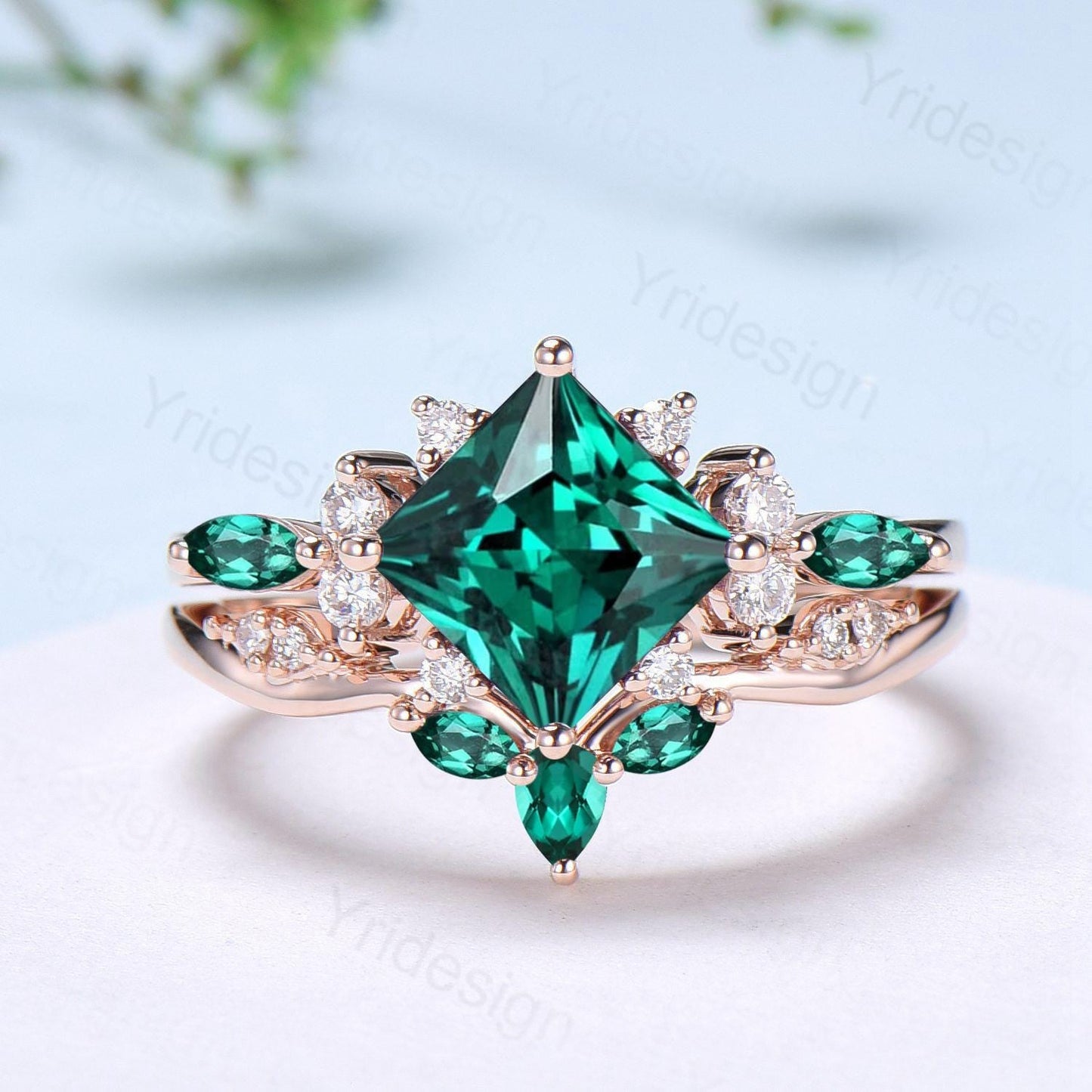 Vintage 2CT Princess Cut Emerald Engagement Ring Cluster Marquise Green Gemstone Wedding Ring Set 2pcs Bridal Anniversary Ring 14K Rose Gold